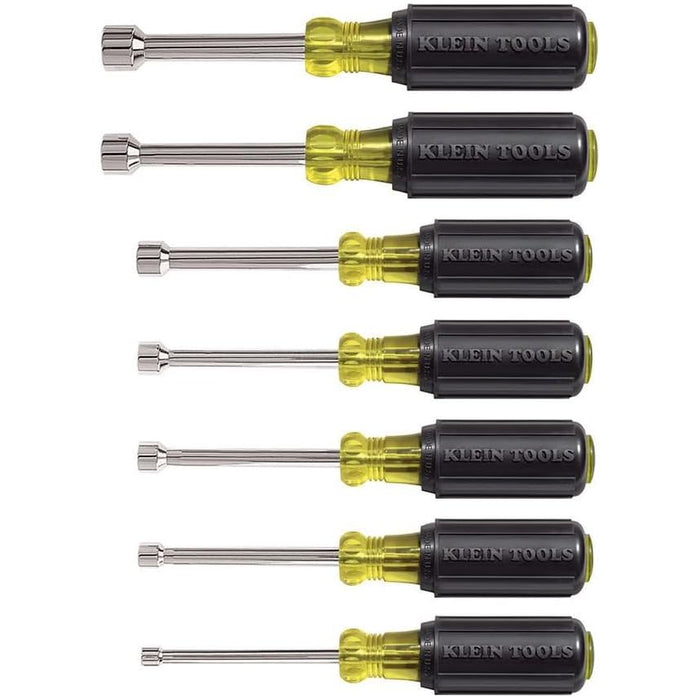 Klein Tools 631 Tool Set, Made in USA, Nut Driver Set w/Hex Nut Sizes 3/16, 1/4, 5/16, 11/32, 3/8, 7/16 and 1/2-Inch on 3-Inch Full Hollow Shaft, 7-Piece