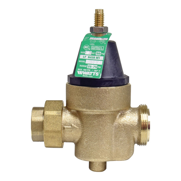 Watts LFN45BM1-U 3/4 3/4 IN Lead Free Water Pressure Reducing Valve, NPT Union x FPT, Adjust 25-75 psi, Max Work 400 psi  0009478